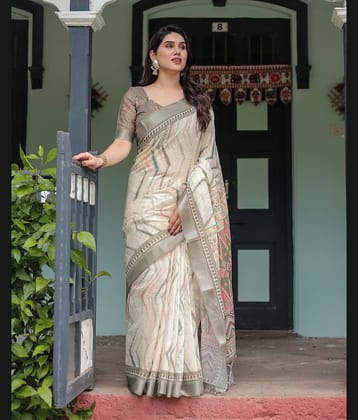 Almaari Fashion Linen Printed Saree With Unstitched Blouse Piece ( Multicolor )