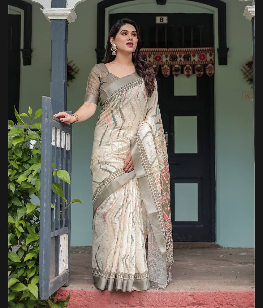 Almaari Fashion Linen Printed Saree With Unstitched Blouse Piece ( Multicolor )