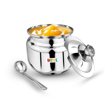 Nsvl Stainless Steel Multipurpose Ghee Pot/Pickle Container, 310 ml, With Spoon,(Round Design)-PACK OF 1