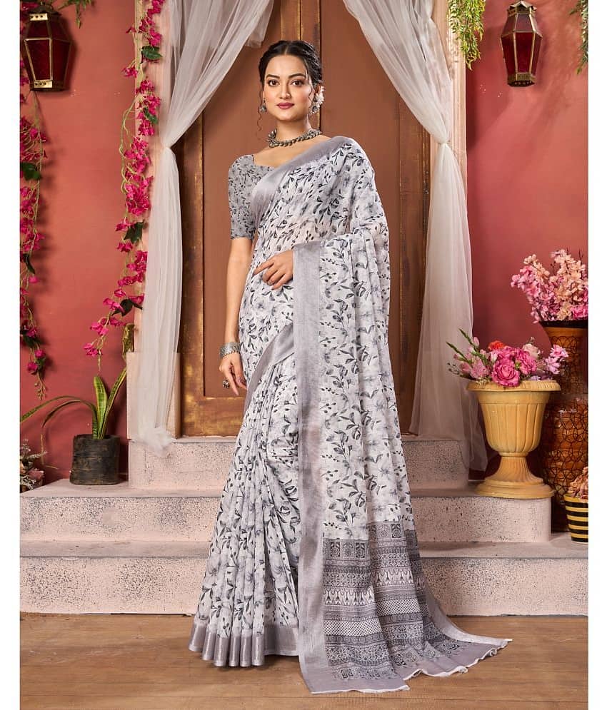 Aadvika Linen Printed Saree With Unstitched Blouse Piece ( White )