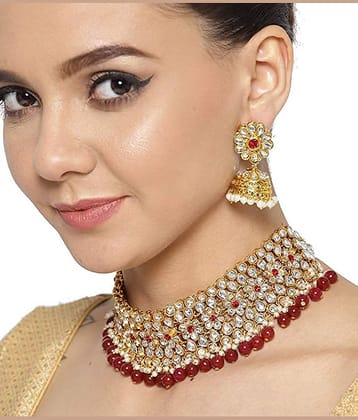 YouBella Jewellery Sets for Women Gold Plated Kundan Wedding Bridal Necklace Jewellery Set with Earrings for Girls/Women (Red)