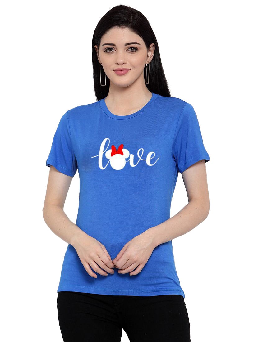 Women's Cotton Blend Love Printed T Shirt L (Blue)