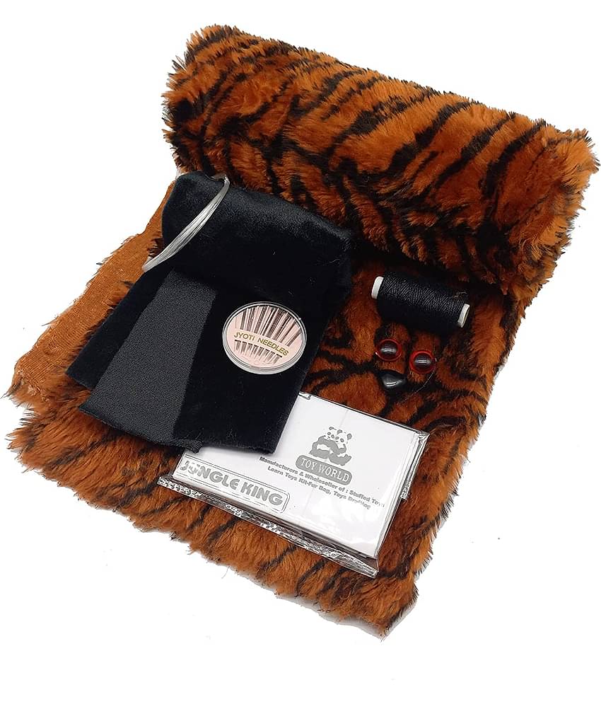 PRANSUNITA Complete Soft Toy Teddy Tiger Making Kit – Includes Fur & Felt Cloth, Eyes Nose Set, Stitching Thread & Needle Set, Ribbon, Drafting Pattern Paper, Nylon Wire& Cotton for Filling
