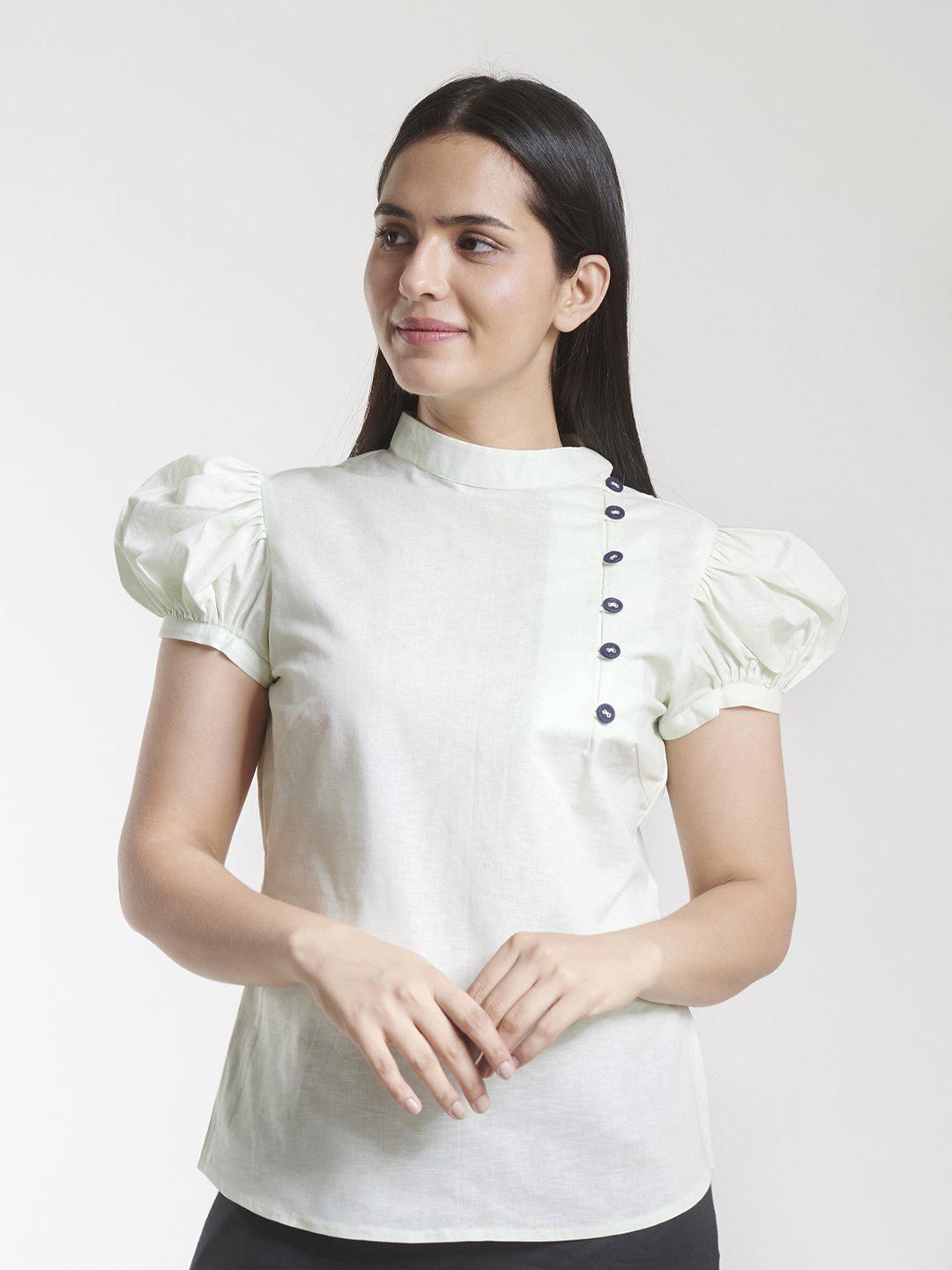 High Neck Cotton Linen Top - Sea Green-5XL