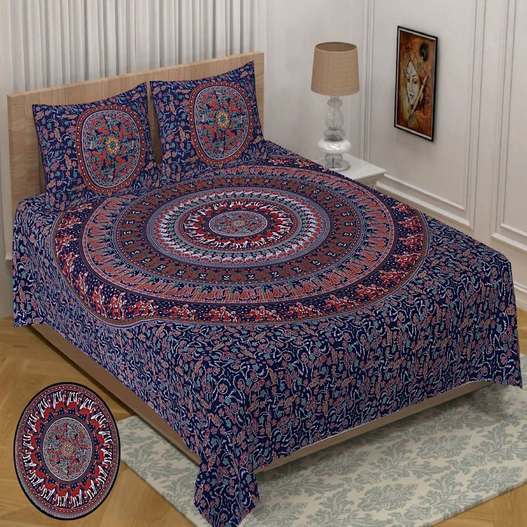 3001-Hometrade India-Standard King Size (90*108 Inches) Double Bedsheet With 2 Pillow Cover-RJ-14-Jaipur lining-3738