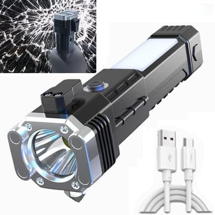 KKK Retailers LED 3W Rechargeable Torch Flashlight | Long-Distance Beam | Car Rescue Tool with Hammer & Seat Belt Cutter | Portable Emergency Light (Single Piece)30D x 40W x 30H Millimeters, 