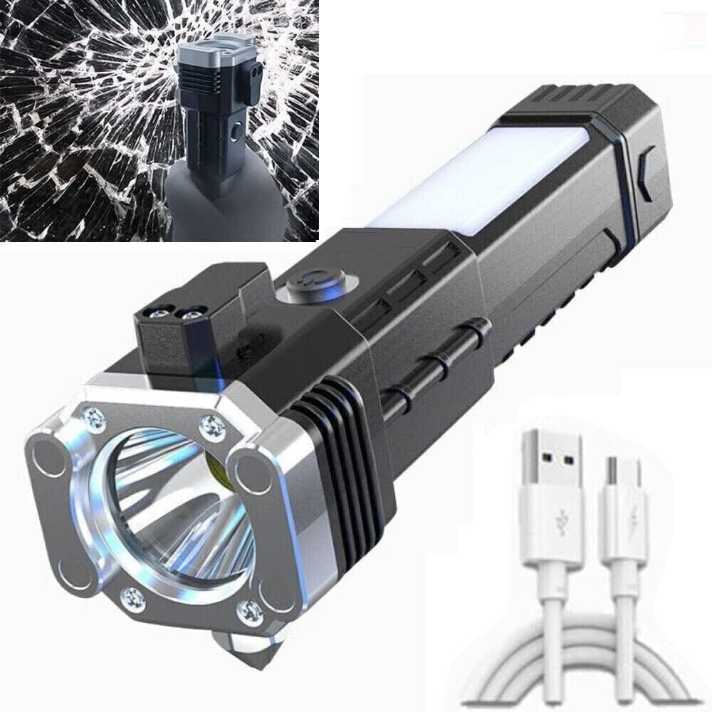 KKK Retailers LED 3W Rechargeable Torch Flashlight | Long-Distance Beam | Car Rescue Tool with Hammer & Seat Belt Cutter | Portable Emergency Light (Single Piece)30D x 40W x 30H Millimeters,