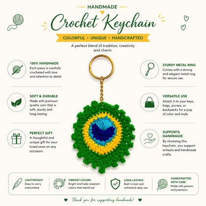 Rareity Aromatic Handmade Crochet Peacock Feather Keychain | Premium Hand-Knitted Yarn Key Ring | Decorative Bag Charm | Car Key Accessory | Boho Handmade Gift for Women & Men