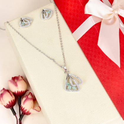 Green Stone Diamond Rhodium Pendant Set - SIA446801_A