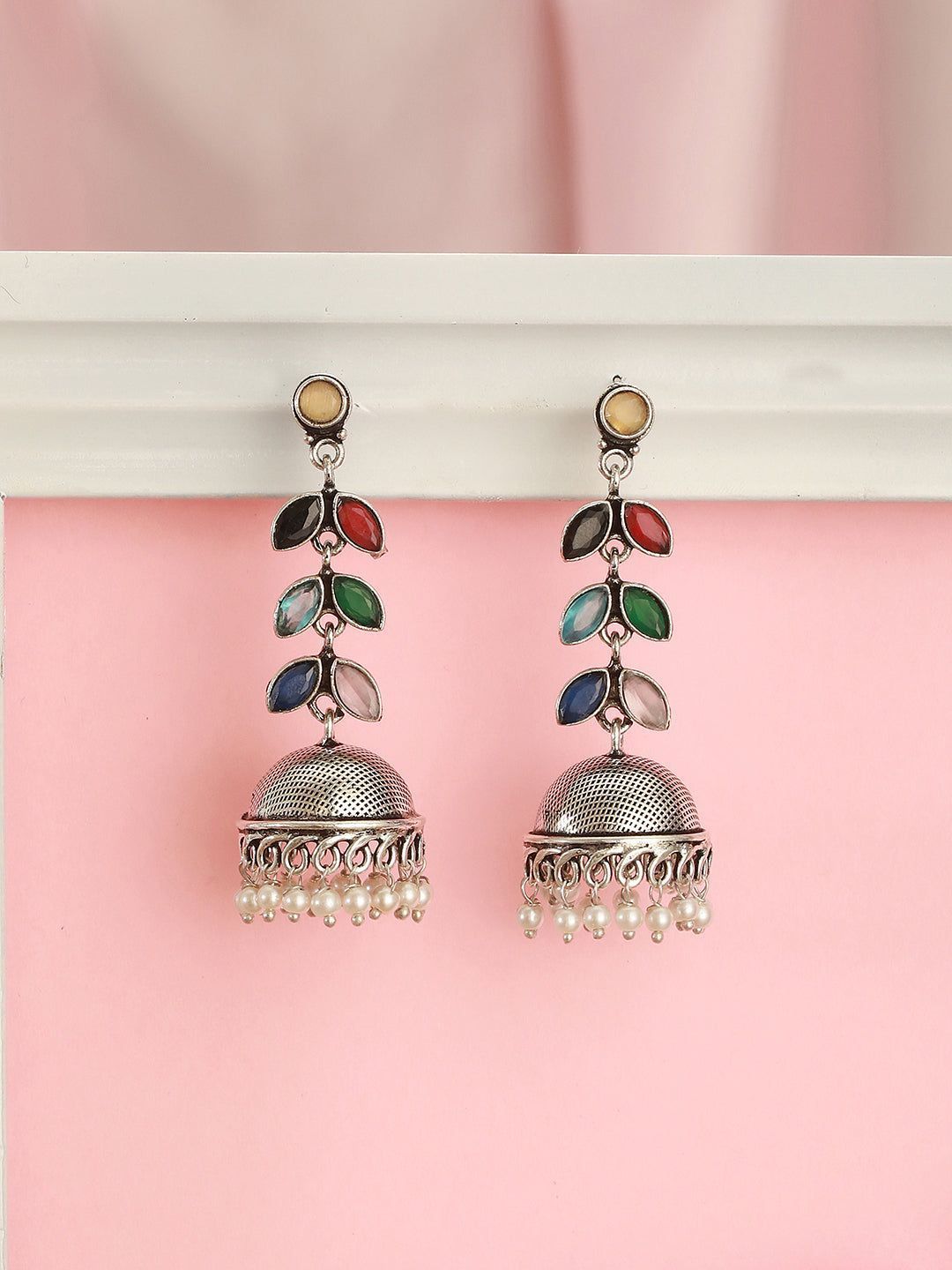 Oxidised Silver Toned Multicolored Handcrafted  Leaf Design Dangler Minimal Jhumka  Earrings
