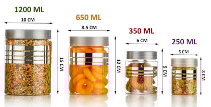 Plastic Pet Storage Jars and Containers, Set of 24 (6 pcs x 250ml, 6 pcs x350ml, 6pcs x 650ml, 6 pcs x 1200ml) with Spoon Air Tight | Kitchen Organiser Improved Model Silver Line Printed