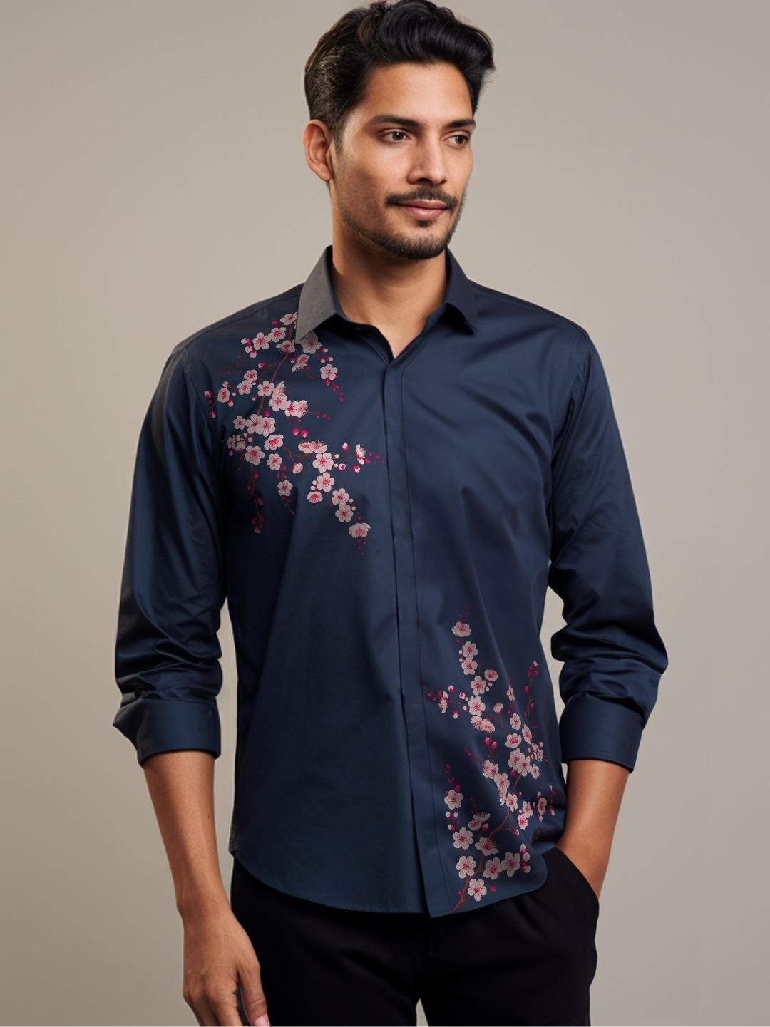Navy Floral Printed Casual Shirt-NAVY / S