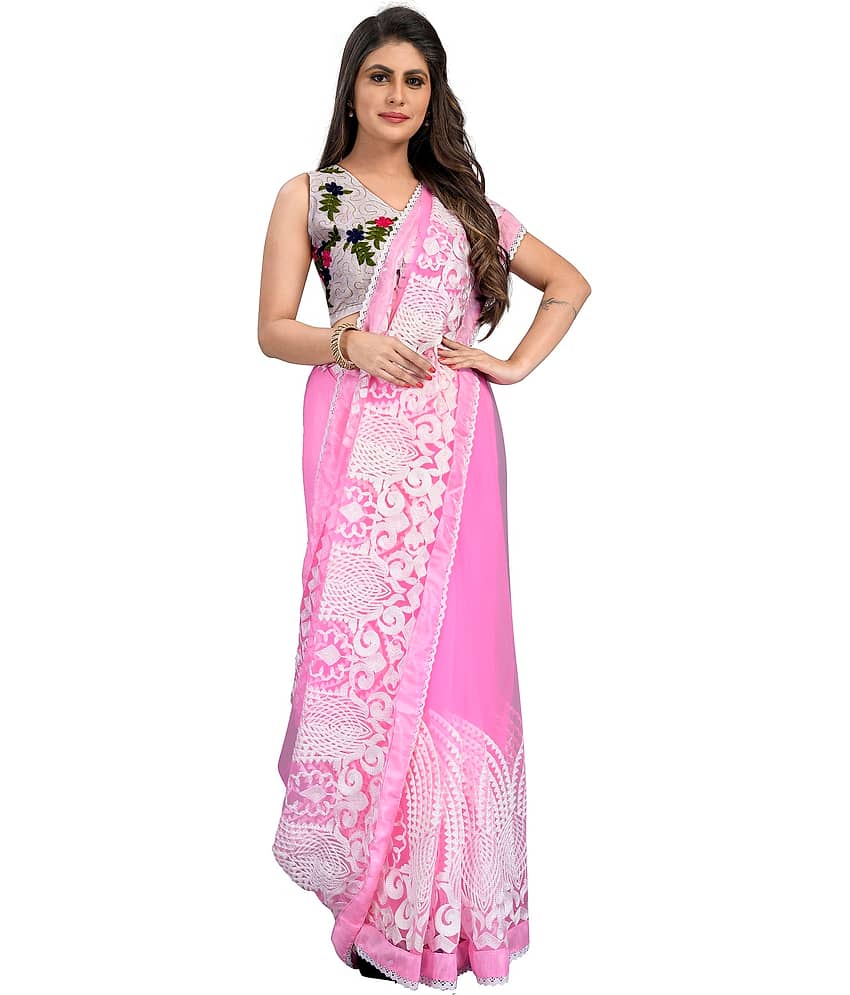 Gazal Fashions Net Applique Saree With Unstitched Blouse Piece ( Red )