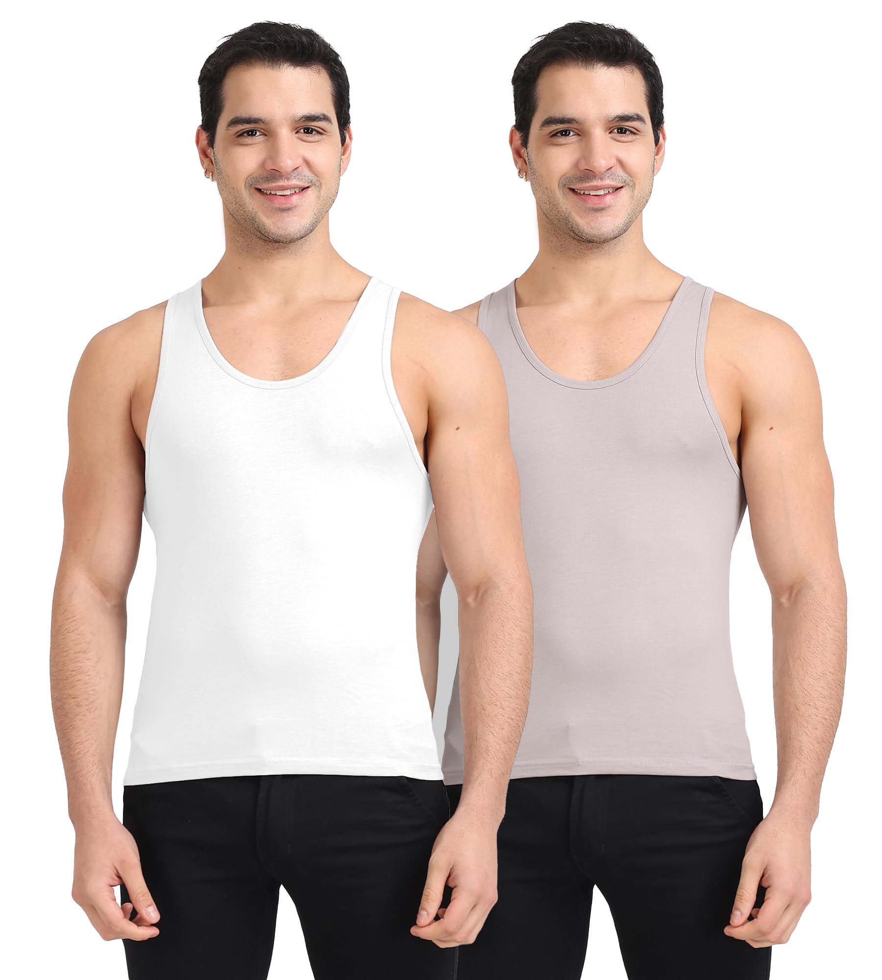 Freecultr Cotton Vest for Men Sleeveless Lightweight Solid Round Neck Comfort Vests Breathable & Comfortable Innerwear Sando for Man Regular Fit  Pack of 2-Light Grey,White