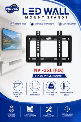 NOVEL NV-151 (FIX) Heavy Duty Fixed LED/LCD TV Wall Mount Bracket for 14 to 42 Inch TVs | VESA 200×200mm Compatible | 30kg Load Capacity | Ultra-Slim 20mm Distance to Wall | Strong & Space-Saving Design