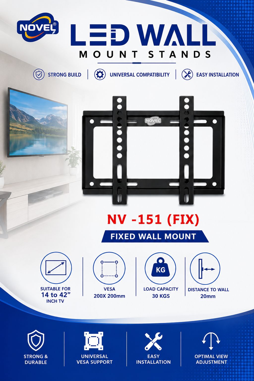 NOVEL NV-151 (FIX) Heavy Duty Fixed LED/LCD TV Wall Mount Bracket for 14 to 42 Inch TVs | VESA 200×200mm Compatible | 30kg Load Capacity | Ultra-Slim 20mm Distance to Wall | Strong & Space-Saving Design