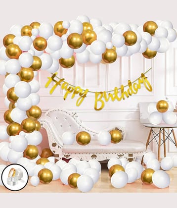 Zyozi Birthday Combo Items/Birthday Decoration Kit - Including Birthday Banner, White & Gold Metallic Balloons,Ribbon and Glue dot (Pack of 64)