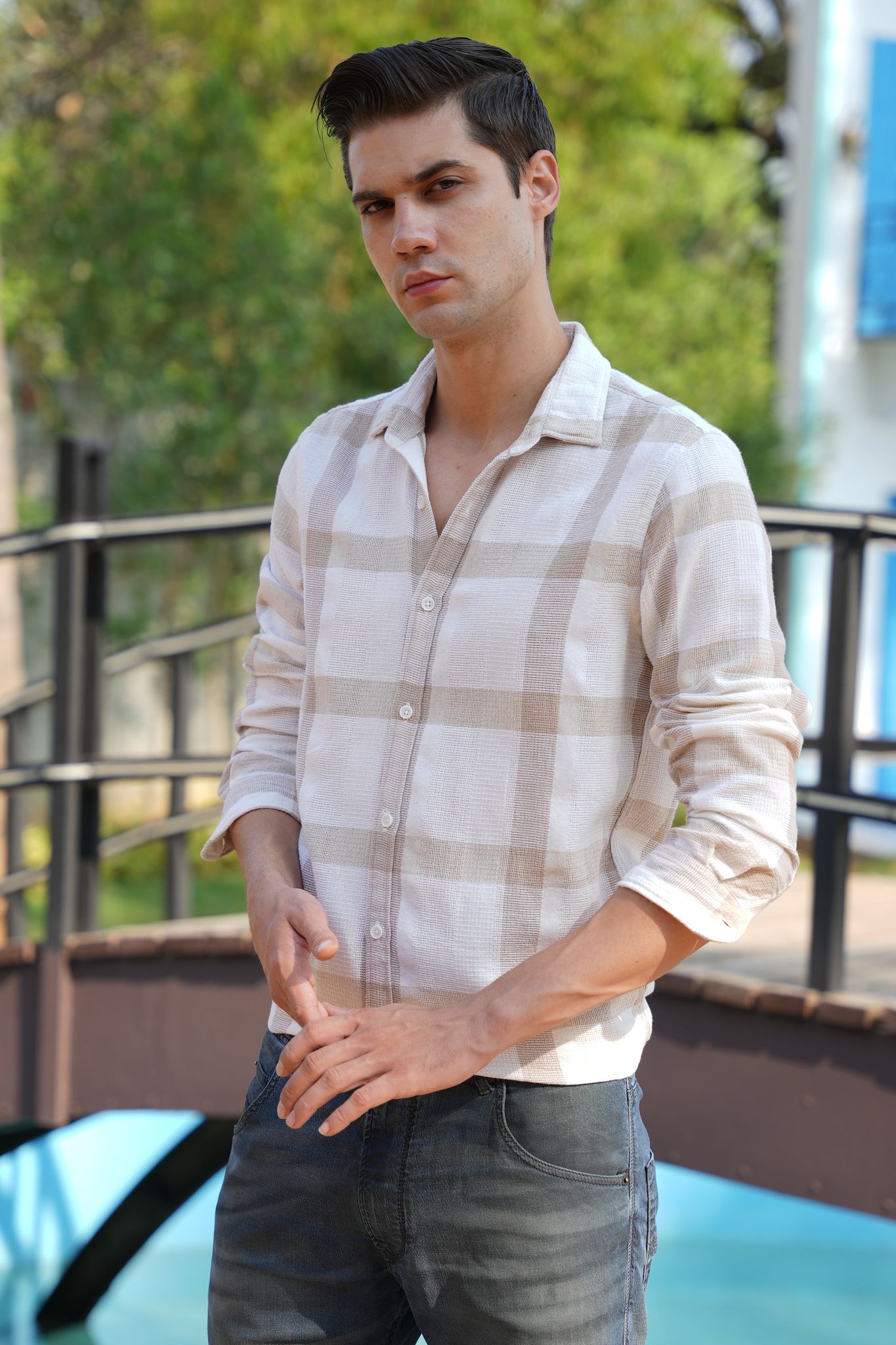 Andie - Textured Check Shirt - Beige-S-38 / BEIGE