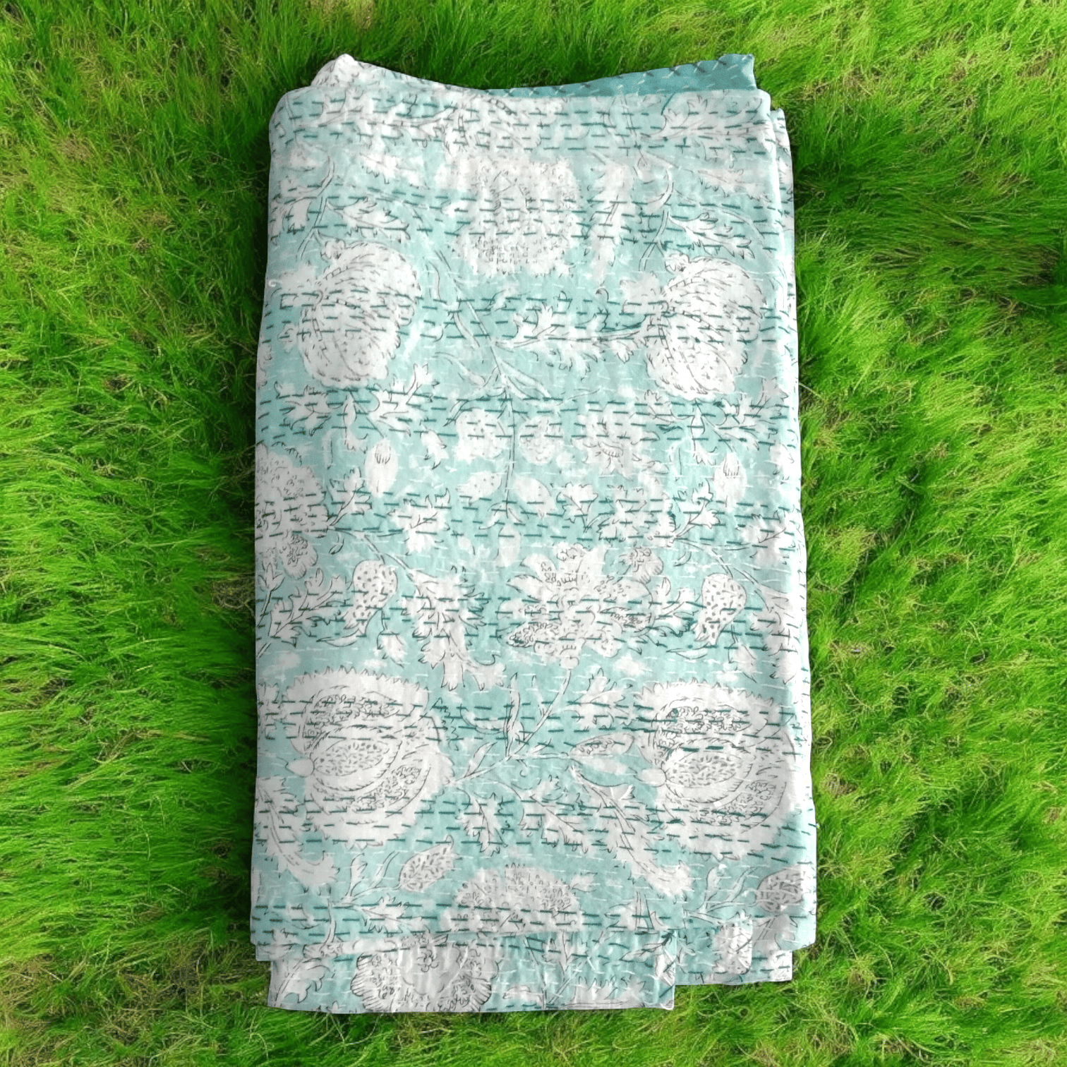 Hand Quilted Kantha Bedcover- Light green floral-90 x 100 inches