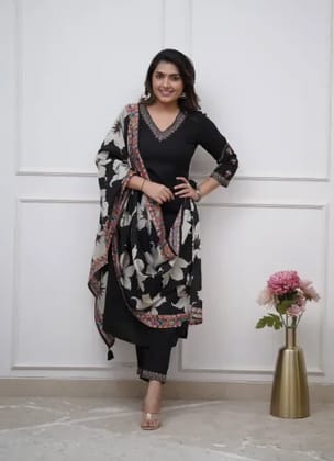 Women's Black Embroidery Worked Kurta With Pant And Duppata Set
