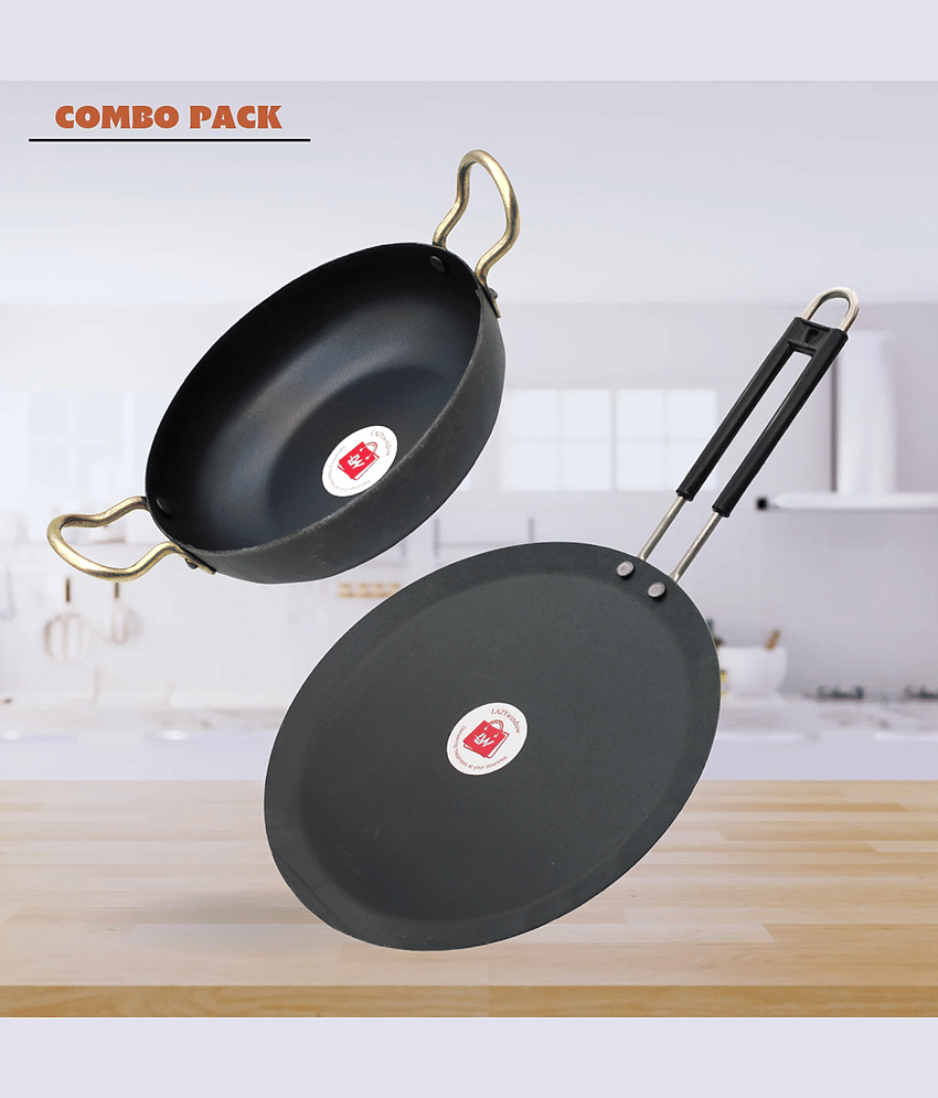 LAZYWINDOW Kadhai And Tawa Black Iron No Coating Cookware Sets ( Set of 1 )
