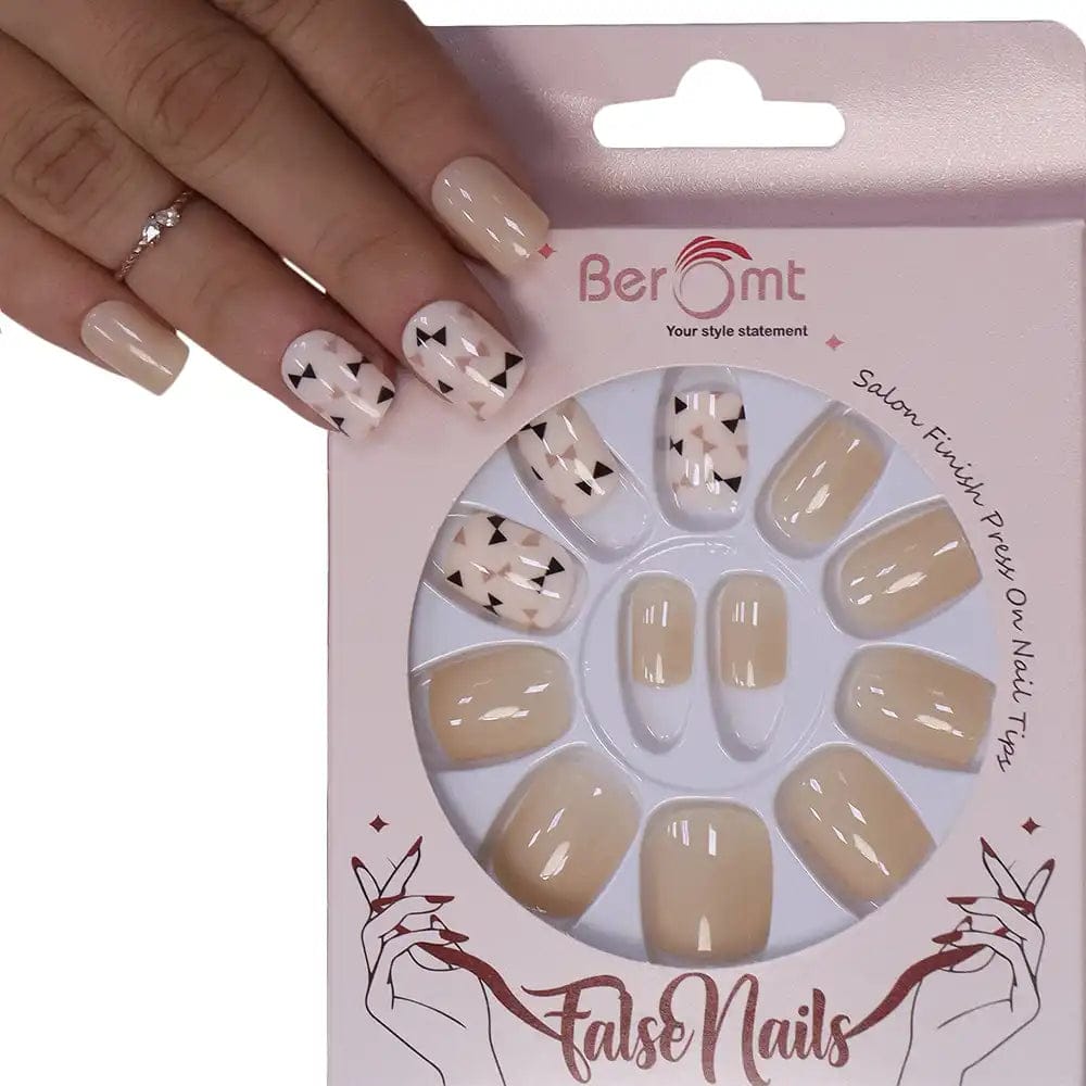 PRINTED SHORT SQUARE NAILS - (NAIL KIT INCLUDED)-Beige