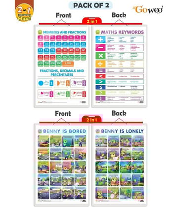 Set of 2 | 2 IN 1 NUMBER & FRACTIONS AND MATHS KEYWORDS and 2 IN 1 BENNY IS BORED AND BENNY IS LONELY Early Learning Educational Charts for Kids