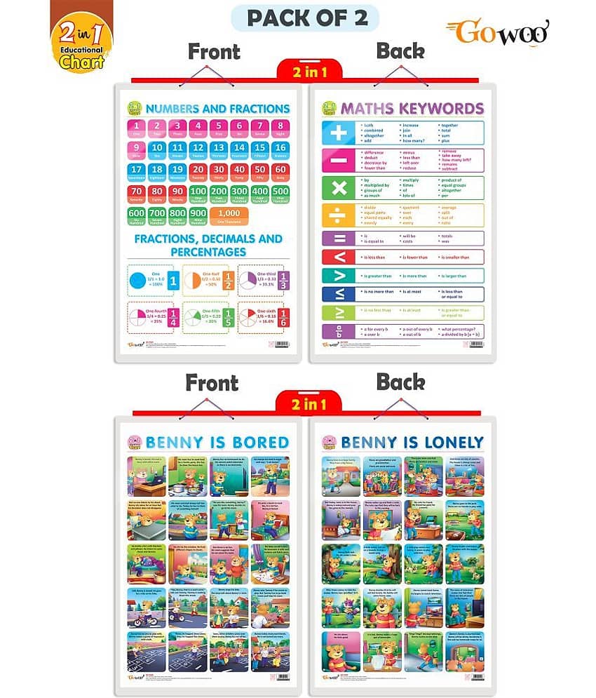 Set of 2 | 2 IN 1 NUMBER & FRACTIONS AND MATHS KEYWORDS and 2 IN 1 BENNY IS BORED AND BENNY IS LONELY Early Learning Educational Charts for Kids