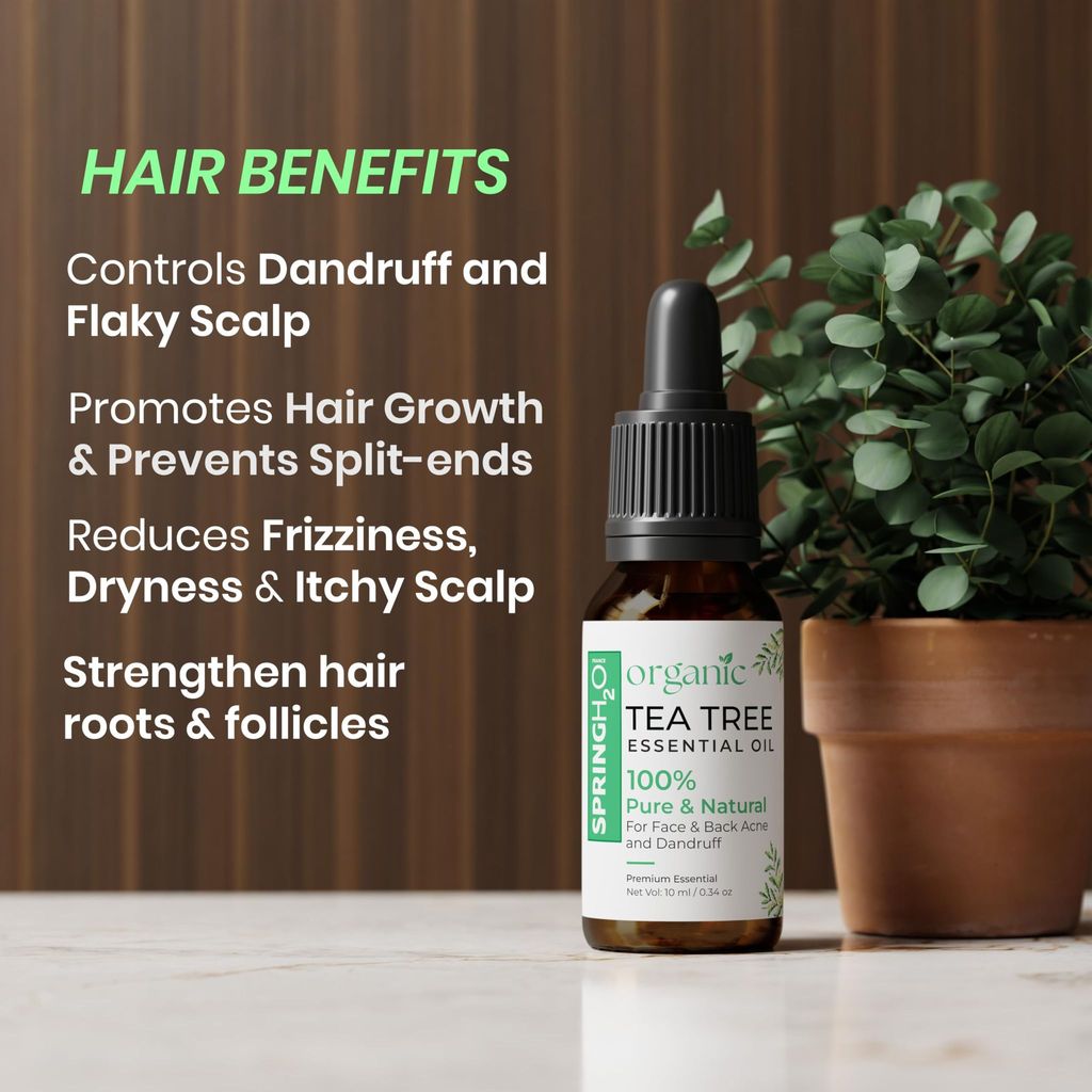 Spring H2O 100% Pure & Natural Organic Tea Tree Essential Oil For Face, Back Acne, Scalp & Dandruff Care
