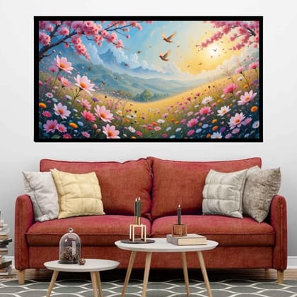 Luminary Cherry Blossom Sunrise Over Mountains – Nature Landscape Canvas for Decor | Frame Size (127 X 69 Cm) | Frame Type (Black) | 5-Year Warranty