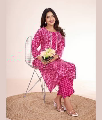 Women Basket Cotton Blend Printed Kurti With Pants Women's Stitched Salwar Suit - Pink ( Pack of 1 )