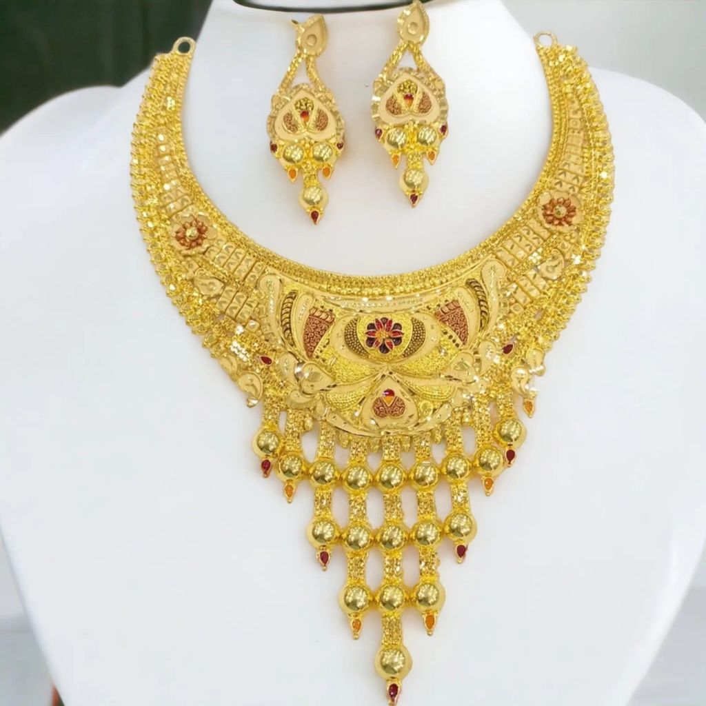 Statement Gold Plated Necklace Set with Matching Earrings