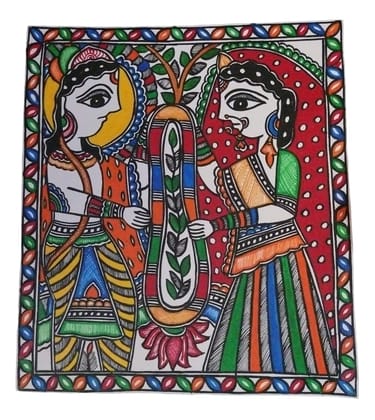 Handmade Natural Color Painting of Ramji and Sita - 10x10 cm Peaceful Art for Home Decor