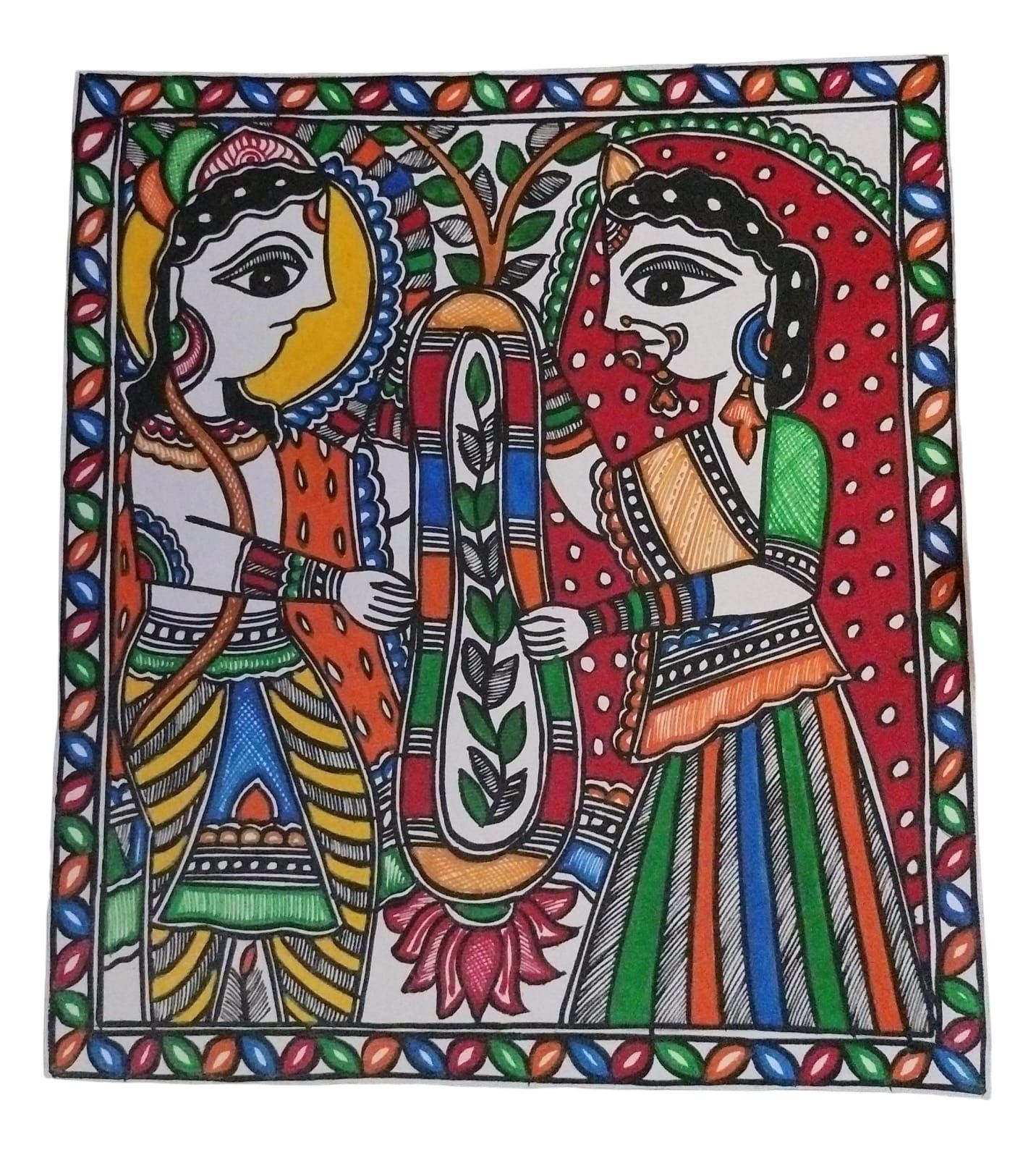 Handmade Natural Color Painting of Ramji and Sita - 10x10 cm Peaceful Art for Home Decor