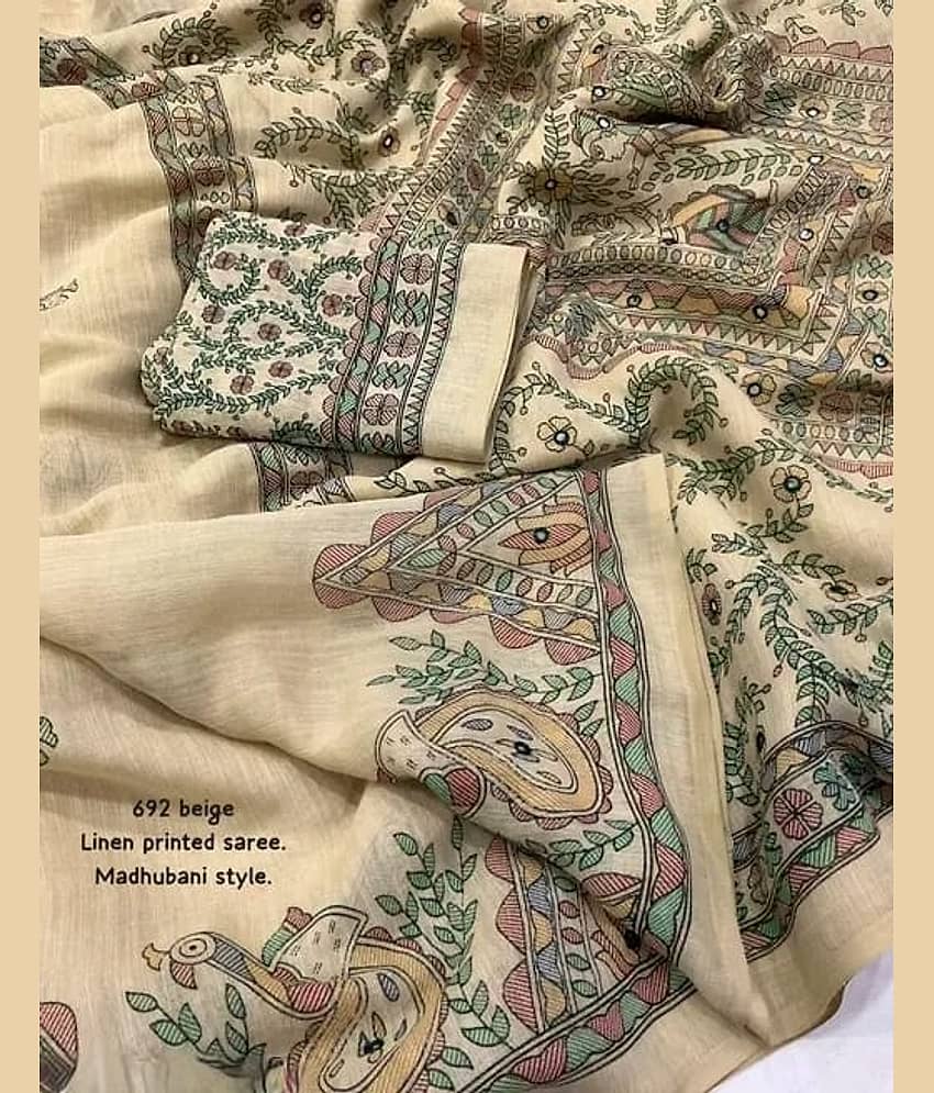 Kalpana Creation Linen Printed Regular Saree With Unstitched Blouse Piece ( Multicolor )