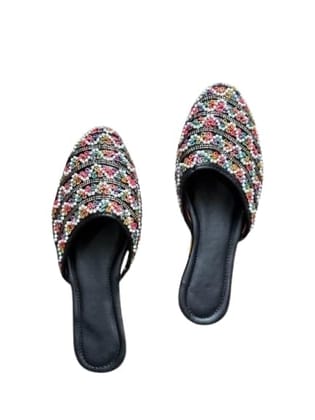 Traditional Mirror Work Ethnic Slip-On Sandals, Cushioned Footbed, Handcrafted, Black with Multicolour Embroidery
