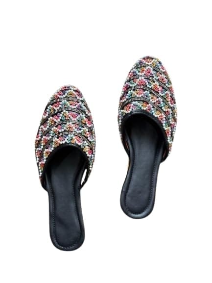 Traditional Mirror Work Ethnic Slip-On Sandals, Cushioned Footbed, Handcrafted, Black with Multicolour Embroidery