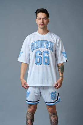Go Devil 66 (in Sky Blue) Printed Stripes White Polyester Co-ord Set for Men S