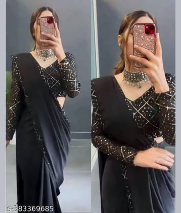 Shivadit ethnic Georgette Embroidered Saree With Unstitched Blouse Piece ( Black )