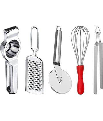 JISUN - Silver Stainless Steel Lemon-Grater-Pizza Cutter-Whisk-Chimta ( Set of 5 )