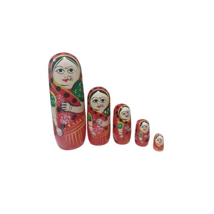 Wooden Handmade and Hand Painted Wooden Women Nesting Dolls (Set of 5) Red