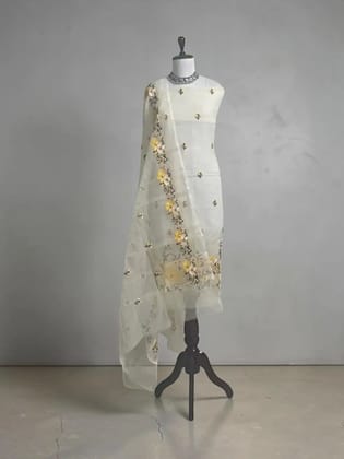 Handwoven Kota Doria Dress Material with Hand-Embroidered Floral Motifs