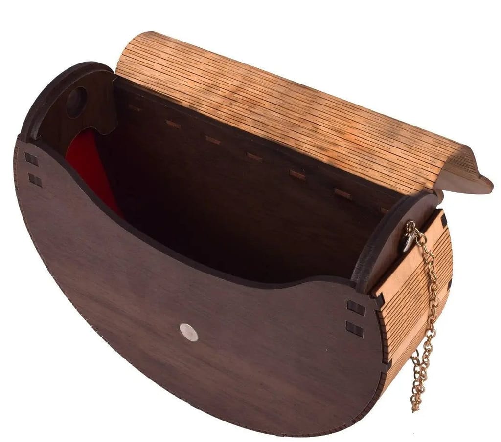 Handcrafted Wooden Heart Engraved Handbag with Gold Chain Strap - Stylish Eco-Friendly Crossbody Bag for Perfect Rakhi Festival Gift for sister