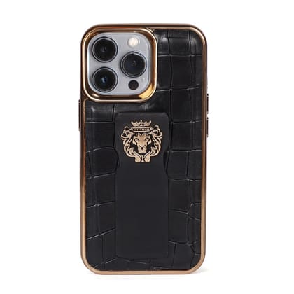 Black Golden Rim Mobile Cover Finger strap cum Stand Croco Textured Leather with Metal Lion Logo by Brune & Bareskin-14ProMax