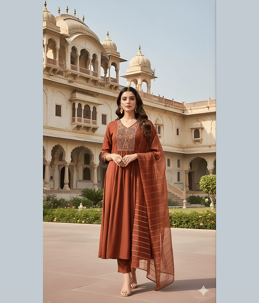 Hiva Trendz Women Silk Blend Embroidered Straight Kurti With Pants ( Rust )