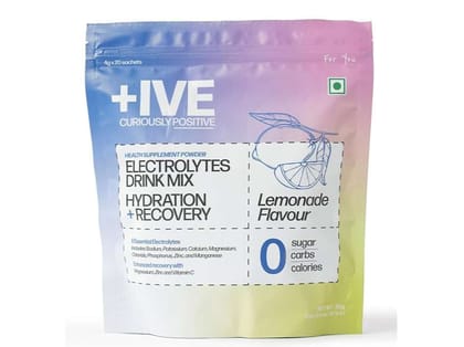 Curiously +IVE Electrolytes Drink Mix - Lemonade Flavour Pack - 80gm (4g x 20 Sachet)| Zero Sugar, Zero Carbs, Zero Calories, Hydration + Recovery Supplement