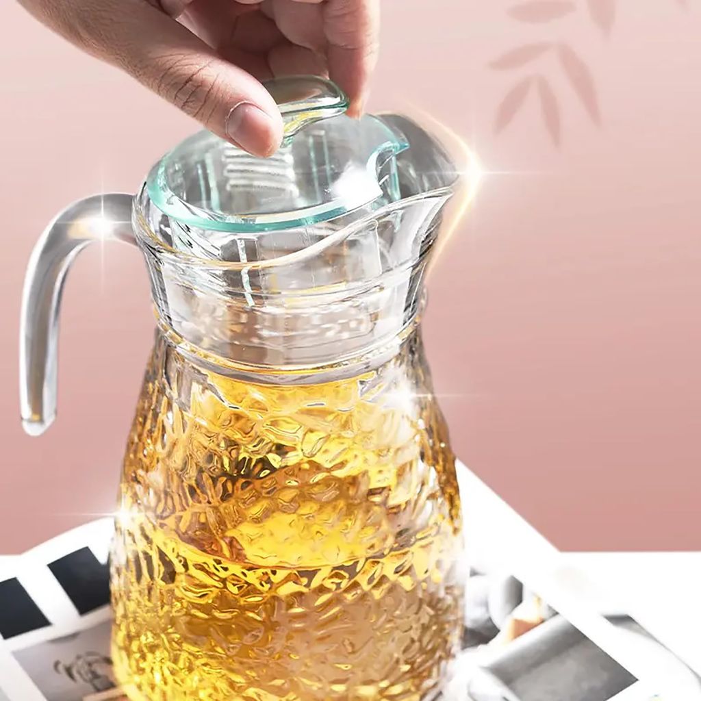 Premium Glass Water Jug Transparent Hot Cold Water Glass Pitcher with Lid Water Jug, Iced Tea, Milk and Juice Beverage Carafe, Lemon Jug (1.5 Litre; Pack of 1)