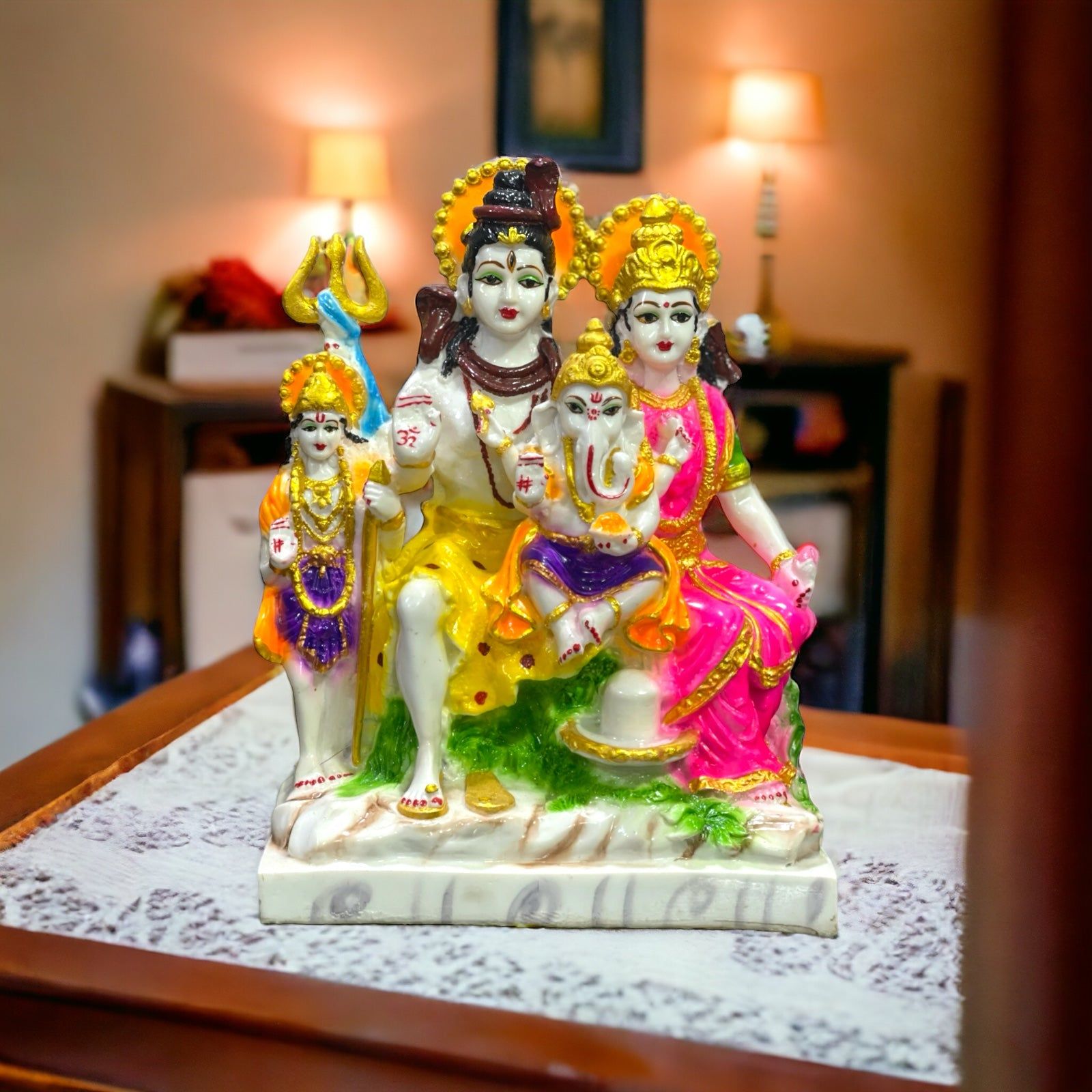 Shiv Parvati Ganesh Kartikey Shiv Parivar Colourful Marble Look Shiv Parivar H 26.5 CM-Composite Marble