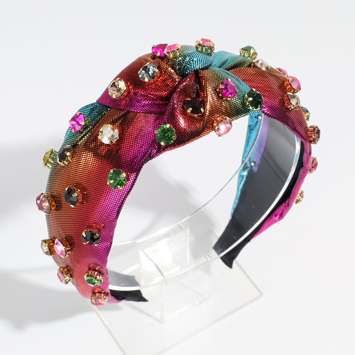 Multi Rhinestone Studded Embellished Polyester Hair Band Hair Accessories for Women-Orange pink red green