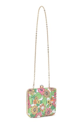 Green Satin Leaf Printed Square Clutch